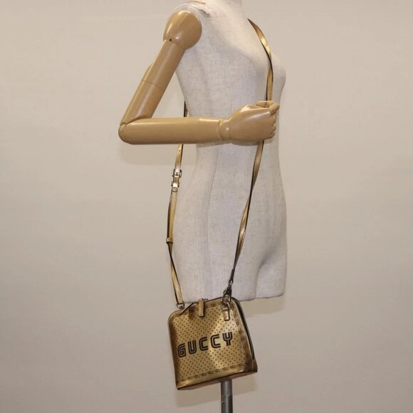 GUCCI GUCCY Print GUCCIxSEGA Bag Leather Gold Silver 511189 Auth bs30126 - Picture 1 of 16